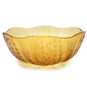 Vintage Pasabahce Amber Glass Salad Bowl Yellow Floral Scalloped Edge 90s Retro